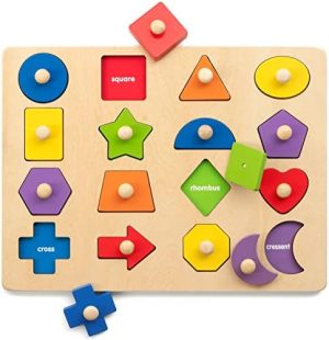 Coogam Montessori Toy Wooden Shape Peg Puzzle, Fine Motor Co...