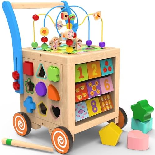 Wooden Baby Walker | 9-in-1 Wooden Activity Cube, Sit-to-Sta...