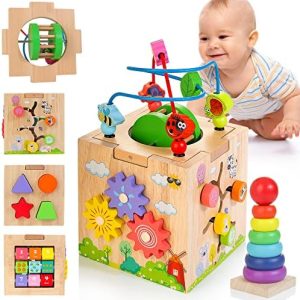 Kizfarm 8-in-1 Activity Cube Wooden Montessori Toys for 1+ Y...