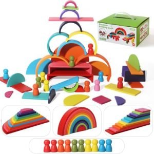 SHIERDU 45-Piece Wooden Rainbow Stack Set, 4-in-1 Building B...