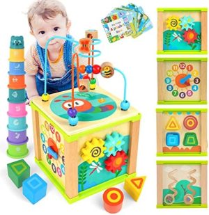 WOOD CITY Wooden Activity Cube for Toddlers 1-3, 7-in-1 Mont...