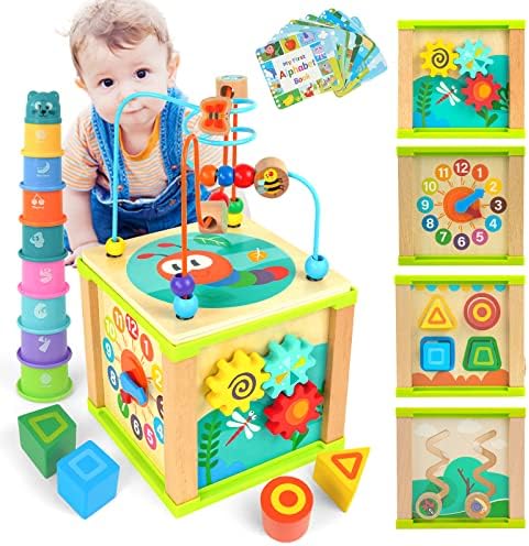 WOOD CITY Wooden Activity Cube for Toddlers 1-3, 7-in-1 Mont...