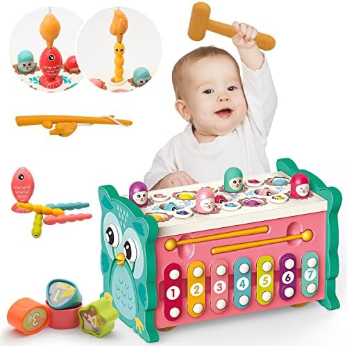 VEAIS Hammering Pounding Toys, 8 in 1 Wooden Montessori Fish...