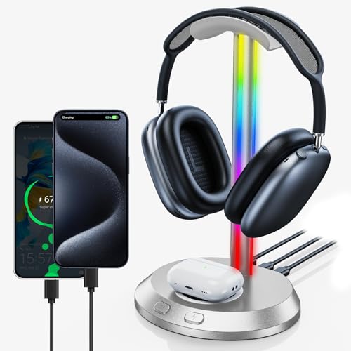 RGB Headphone Stand with 10W Fast Wireless Charging and 2 US...