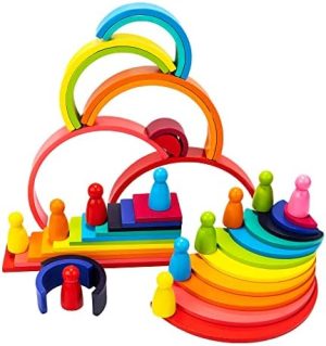 XJYQJD Wooden Rianbow Stacker Playset, 4-in-1 Rainbow Stacki...